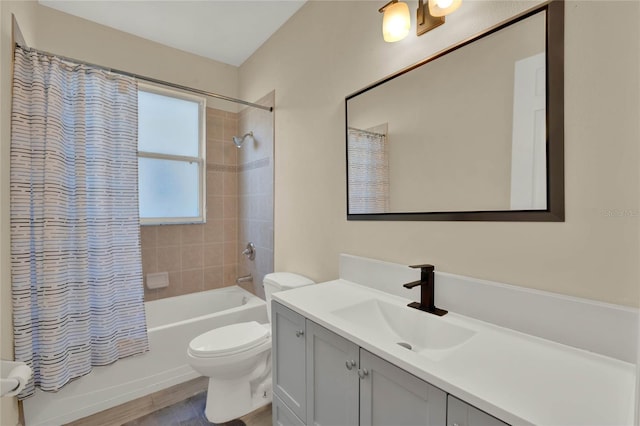 full bath with shower / bath combination with curtain, toilet, vanity, and wood finished floors