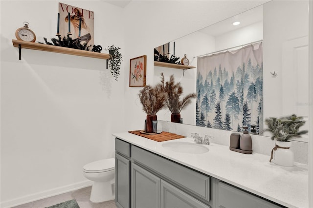 full bathroom featuring tile patterned floors, curtained shower, toilet, and vanity