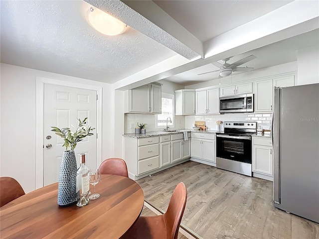 kitchen featuring tasteful backsplash, light wood-style flooring, appliances with stainless steel finishes, and a sink