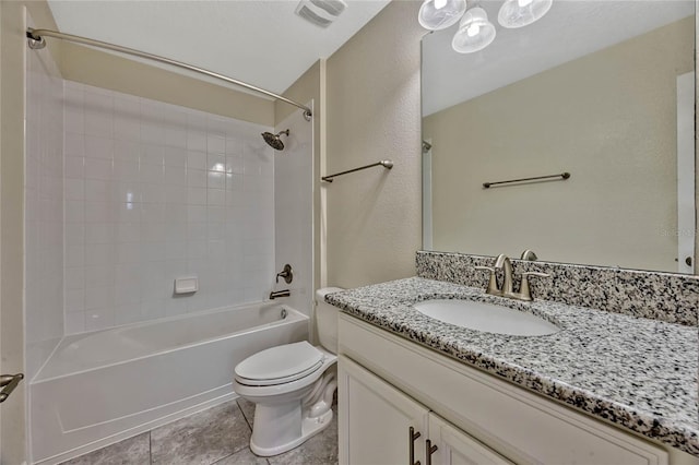 full bath with visible vents, toilet, shower / bath combination, tile patterned floors, and vanity