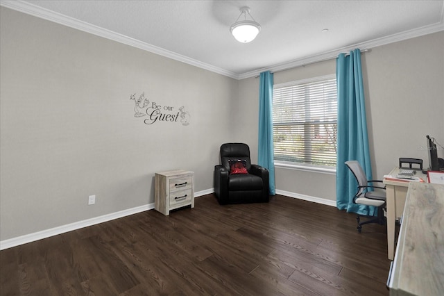 office featuring crown molding, wood finished floors, and baseboards