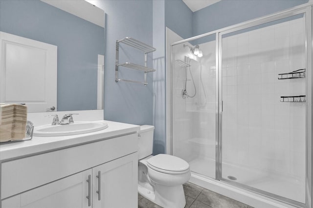 full bath with vanity, a shower stall, toilet, and tile patterned floors