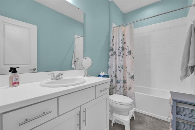 full bath with tile patterned flooring, shower / tub combo, toilet, and vanity