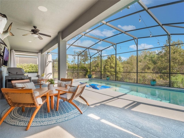 753 Daybreak Pl, Longwood, FL 32750 - exterior space featuring an outdoor pool, glass enclosure, and a ceiling fan