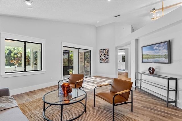 living room with a wealth of natural light, light wood-type flooring, baseboards, and vaulted ceiling