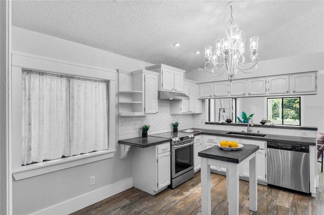 kitchen featuring a sink, dark wood-type flooring, under cabinet range hood, appliances with stainless steel finishes, and dark countertops