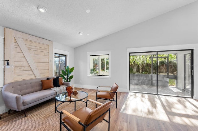 living area with a textured ceiling, wood finished floors, baseboards, and vaulted ceiling