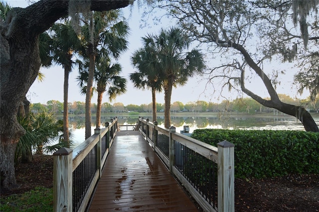 view of dock with a water view