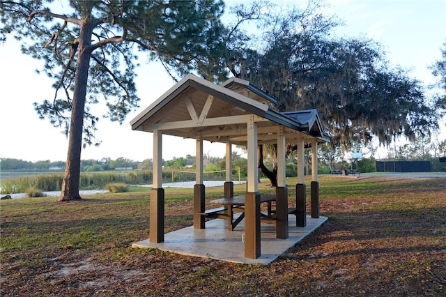 view of community featuring a gazebo and a lawn