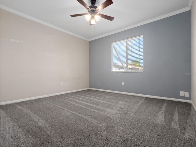 carpeted spare room featuring ceiling fan, baseboards, and ornamental molding