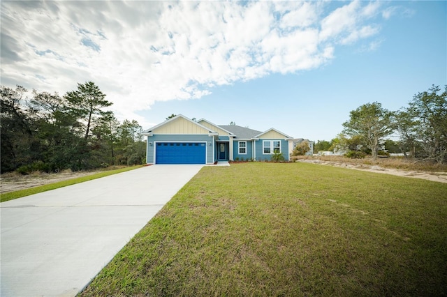 single story home featuring a front yard, an attached garage, board and batten siding, and driveway