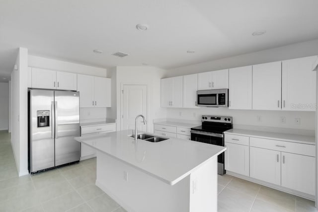 kitchen with white cabinets, an island with sink, stainless steel appliances, visible vents, and a sink