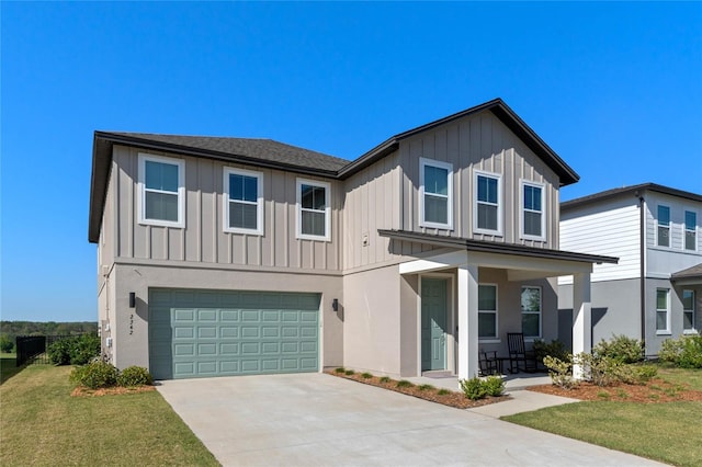 view of front of property featuring board and batten siding, a porch, concrete driveway, stucco siding, and a garage