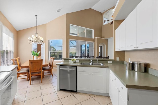 kitchen with a sink, decorative light fixtures, stainless steel dishwasher, white cabinetry, and a peninsula