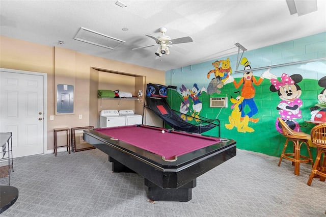 game room featuring billiards, a ceiling fan, washer and dryer, electric panel, and carpet floors