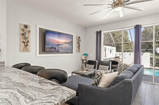 living area featuring ceiling fan, a textured ceiling, and wood finished floors