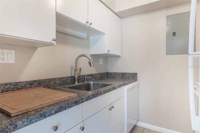 kitchen with white cabinetry, electric panel, a sink, dishwasher, and dark countertops