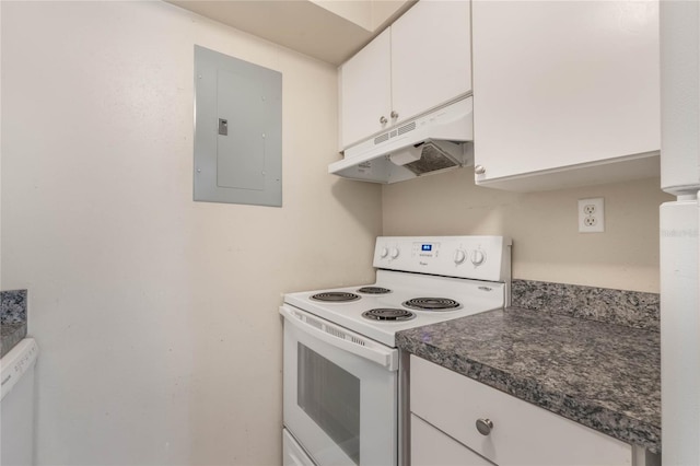 kitchen with white range with electric cooktop, electric panel, under cabinet range hood, white cabinetry, and dark countertops