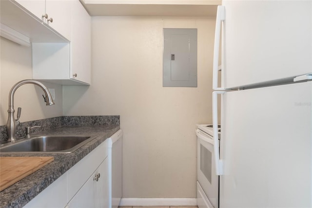 kitchen featuring electric panel, white appliances, white cabinetry, and a sink