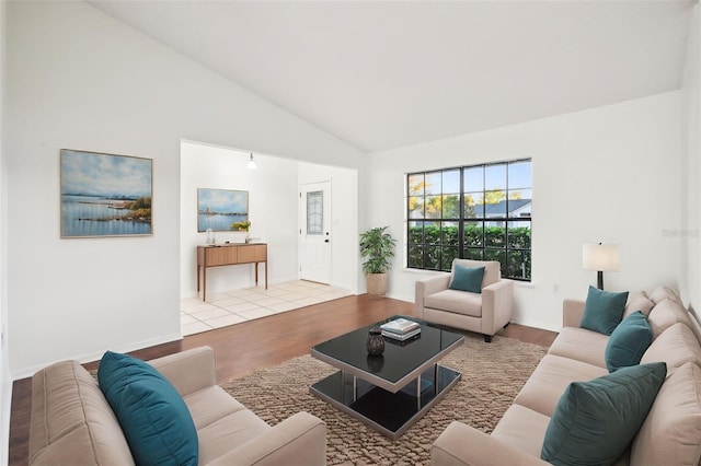 living area with wood finished floors and high vaulted ceiling