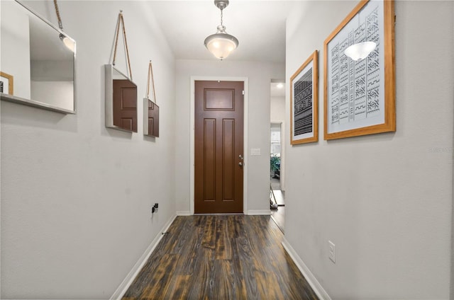 doorway to outside with baseboards and dark wood-style flooring