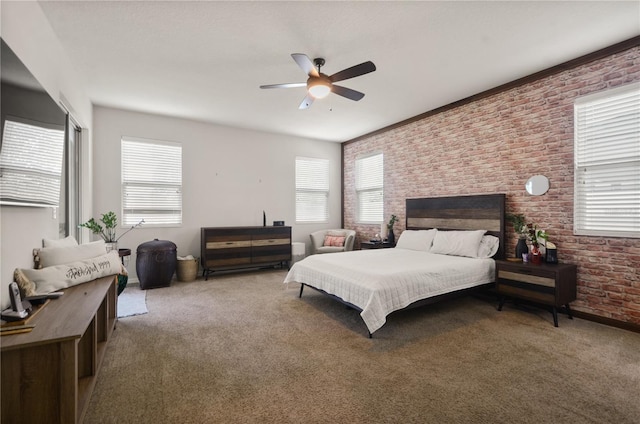 carpeted bedroom featuring brick wall and ceiling fan