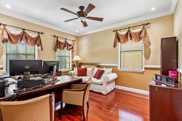 office space featuring crown molding, a ceiling fan, and wood finished floors