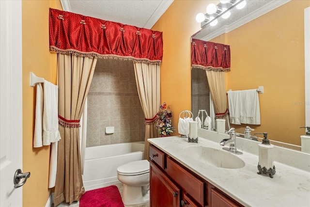 bathroom featuring crown molding, toilet, vanity, shower / bath combo, and a textured ceiling