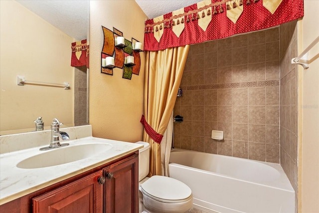 full bath with a textured ceiling, toilet, vanity, and shower / bath combination with curtain