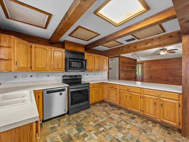 16510 Quarter Horse Ct, Montverde, FL 34756 - kitchen with open shelves, a sink, appliances with stainless steel finishes, beamed ceiling, and backsplash