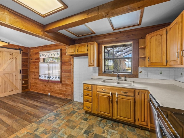 16510 Quarter Horse Ct, Montverde, FL 34756 - kitchen with beamed ceiling, a sink, backsplash, wooden walls, and light countertops