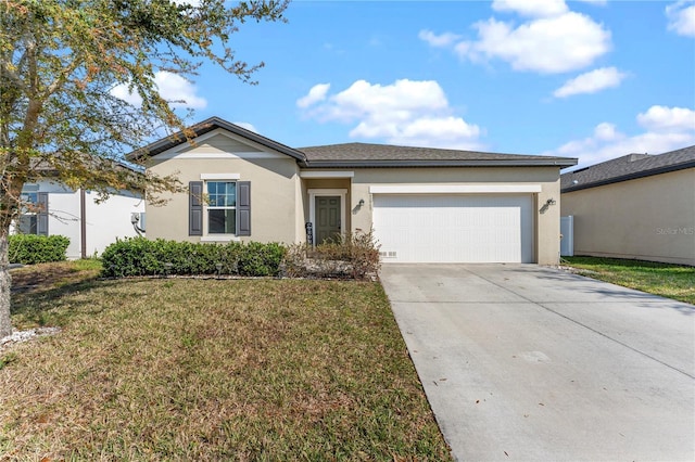 ranch-style home with stucco siding, an attached garage, concrete driveway, and a front lawn