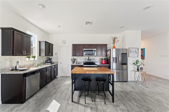 kitchen with tasteful backsplash, visible vents, butcher block counters, appliances with stainless steel finishes, and a sink