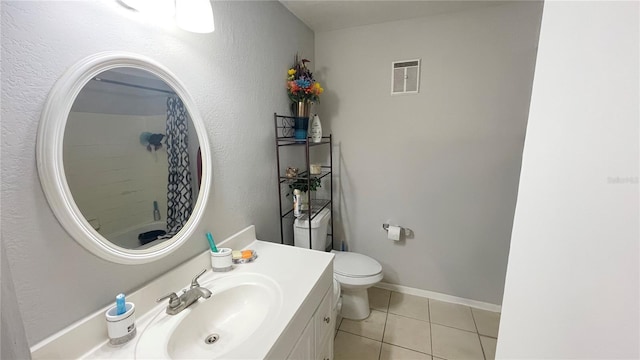 full bathroom featuring visible vents, a shower with curtain, toilet, tile patterned flooring, and vanity