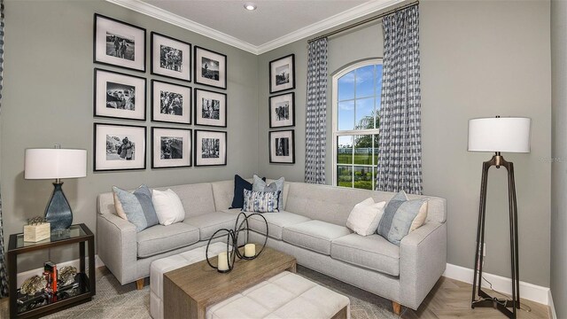 living area featuring baseboards and ornamental molding