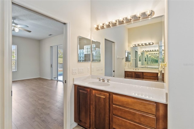 bathroom with a wealth of natural light, vanity, a ceiling fan, and wood finished floors