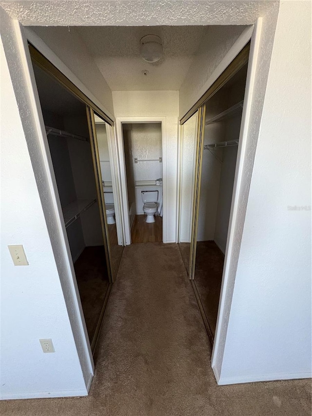 hallway with carpet flooring and a textured ceiling