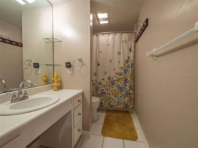 full bath featuring vanity, tile patterned floors, toilet, and a shower with shower curtain