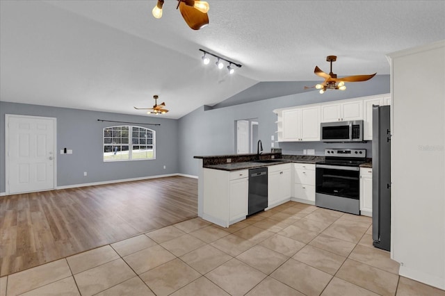 kitchen with a ceiling fan, a peninsula, a sink, stainless steel appliances, and open floor plan