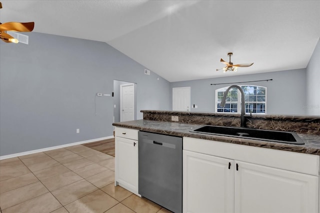 kitchen with a ceiling fan, a sink, dark countertops, white cabinetry, and dishwasher