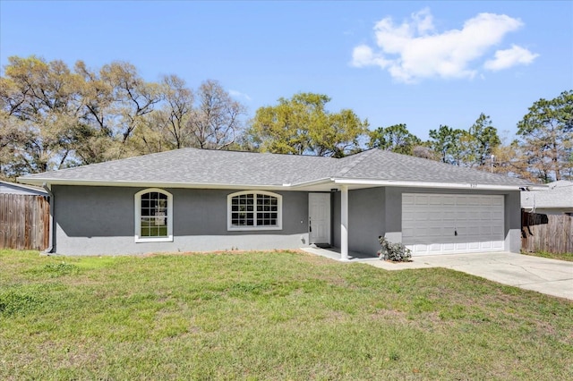 ranch-style house with stucco siding, driveway, a front lawn, fence, and a garage