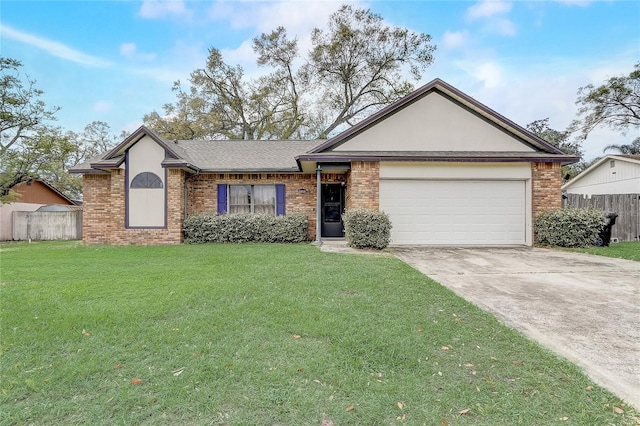 ranch-style house with fence, driveway, an attached garage, a front lawn, and brick siding