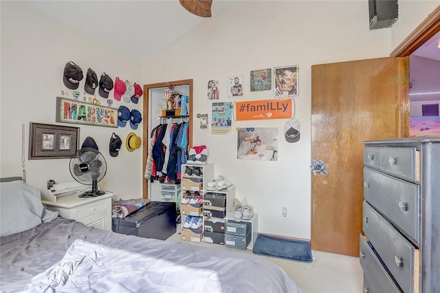 bedroom with a closet and lofted ceiling