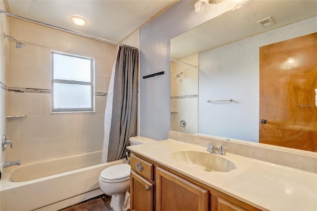 full bathroom featuring vanity, toilet, and shower / bathtub combination with curtain