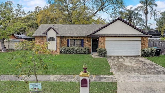 ranch-style house with a front yard, a garage, fence, and brick siding