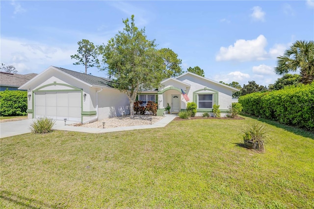 ranch-style home with a front lawn, an attached garage, driveway, and stucco siding