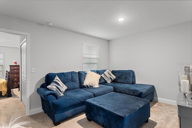 living area featuring baseboards, light carpet, and a textured ceiling