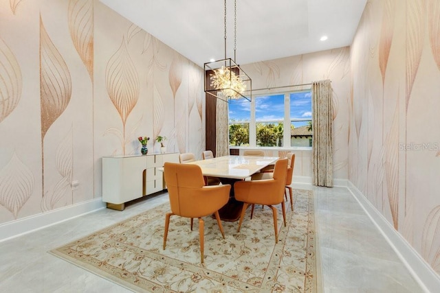 dining space featuring a notable chandelier, recessed lighting, wallpapered walls, and baseboards