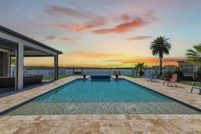 view of pool featuring a fenced in pool, a patio, and fence