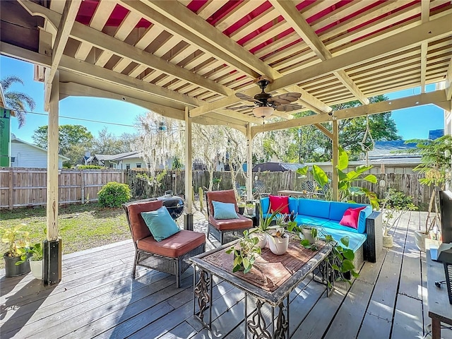 wooden deck featuring outdoor lounge area and a fenced backyard